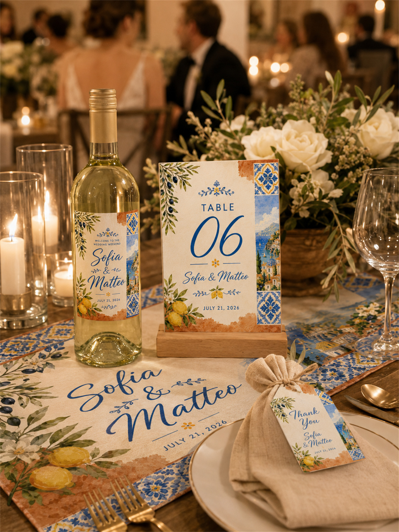 Gray-blue and romantic wedding decorations - garden arch design - custom names and dates